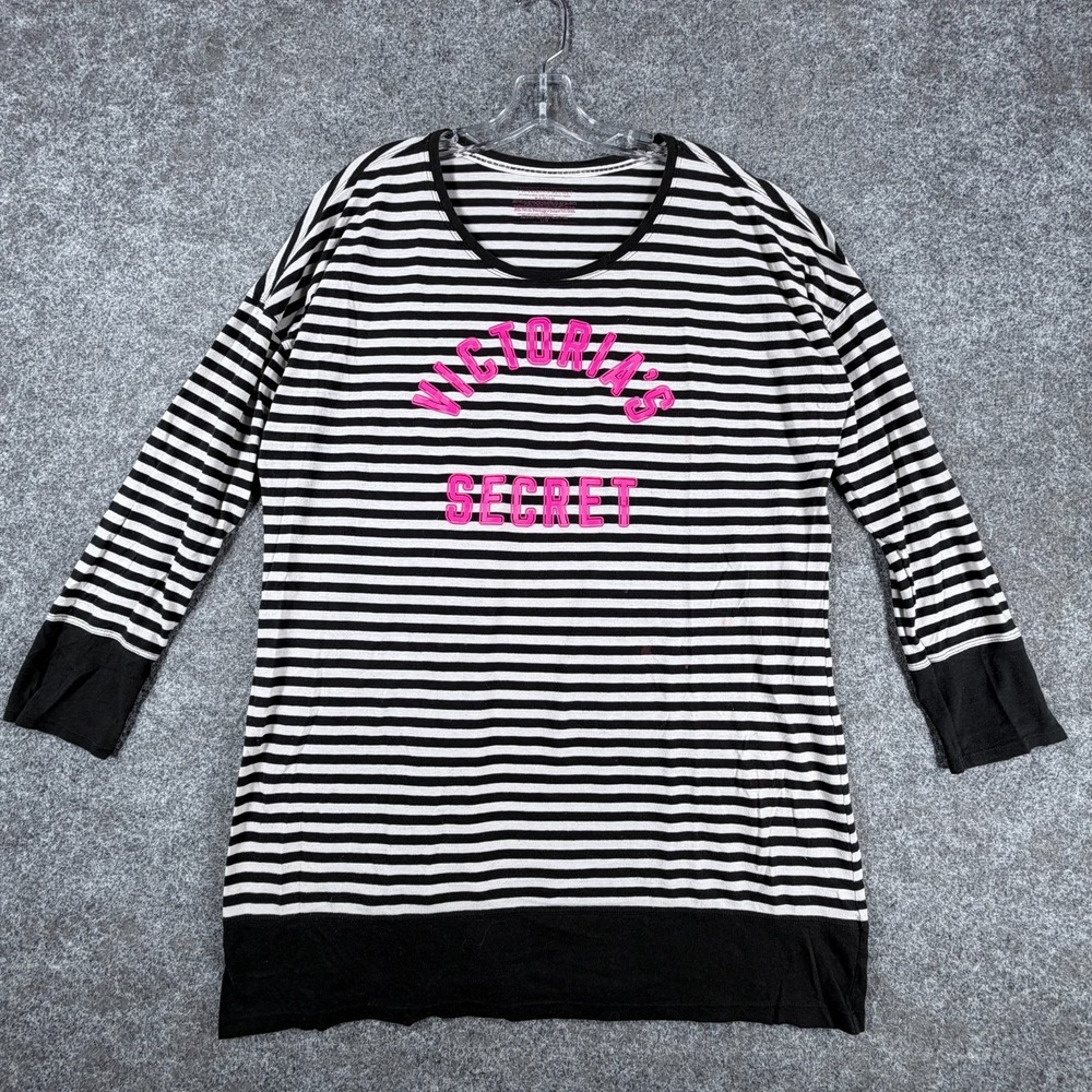 Victoria Secret Sleepwear Pajama Top Womens L Black‎ White Striped Nightgown